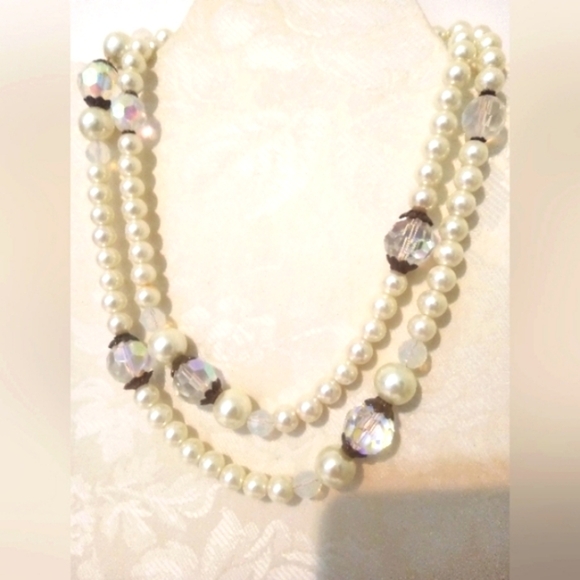 Faux Pearl And Aurora Borealis Crystal Necklace Long 34" Vintage Style - Picture 3 of 5